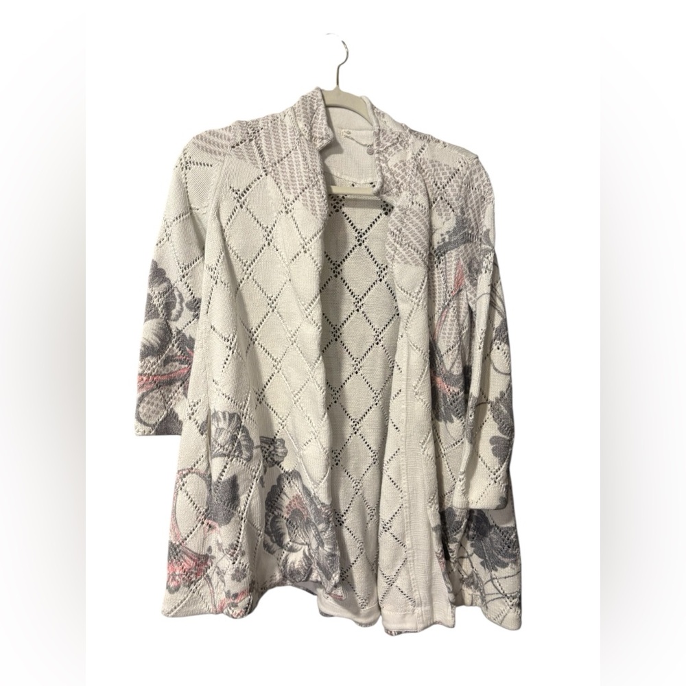 Anthropologie Cream Floral Open Knit Cardigan with Gray and Soft Pink Accents
